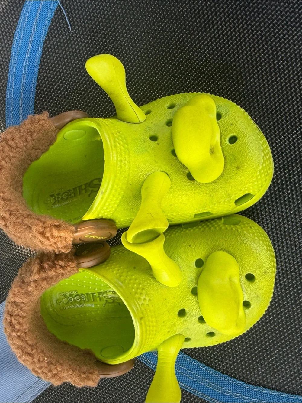 CROCS Kids Neon Lime Clog Sandals with Brown Faux Fur Trim